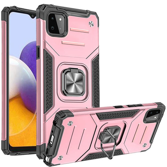 For Samsung Galaxy A22 5G Armor Hybrid with Ring Holder Kickstand Shockproof Heavy-Duty Durable Rugged Dual Layer Hard PC Rose Gold Phone Case Cover