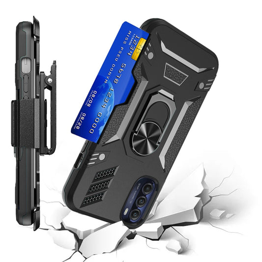 For Motorola Moto G Stylus 5G 2022 Wallet Case with Invisible Credit Card Holder 3in1 Combo Holster Clip and Ring Kickstand Black Phone Case Cover