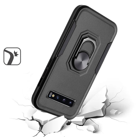 For Samsung Galaxy S10+ Plus Hybrid Tough Strong Dual Layer Hard PC TPU with Flat Magnetic Ring Stand Heavy-Duty Armor Black Phone Case Cover