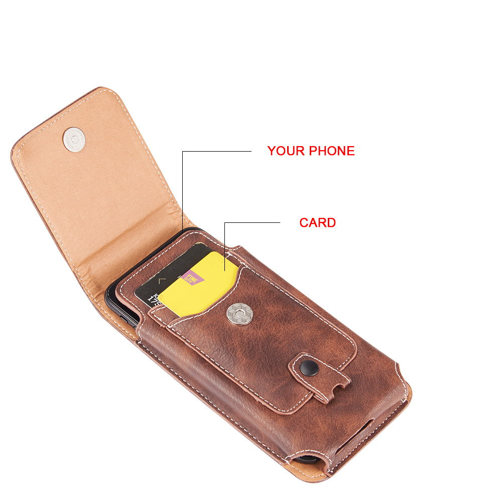 For Nokia C200 Universal Vertical Leather Case Holster with Credit Card Holder, Belt Loop & Carabiner Carrying Phone Pouch [Brown]