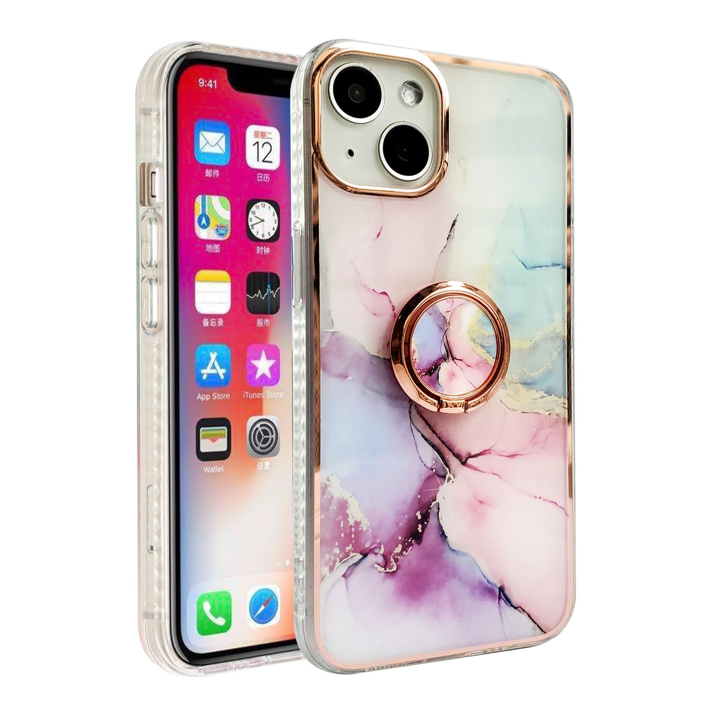 For Apple iPhone 14 Pro Max (6.7") Pattern Fashion Design Chromed Edge IMD with Ring Kickstand Hybrid Hard Back  Phone Case Cover