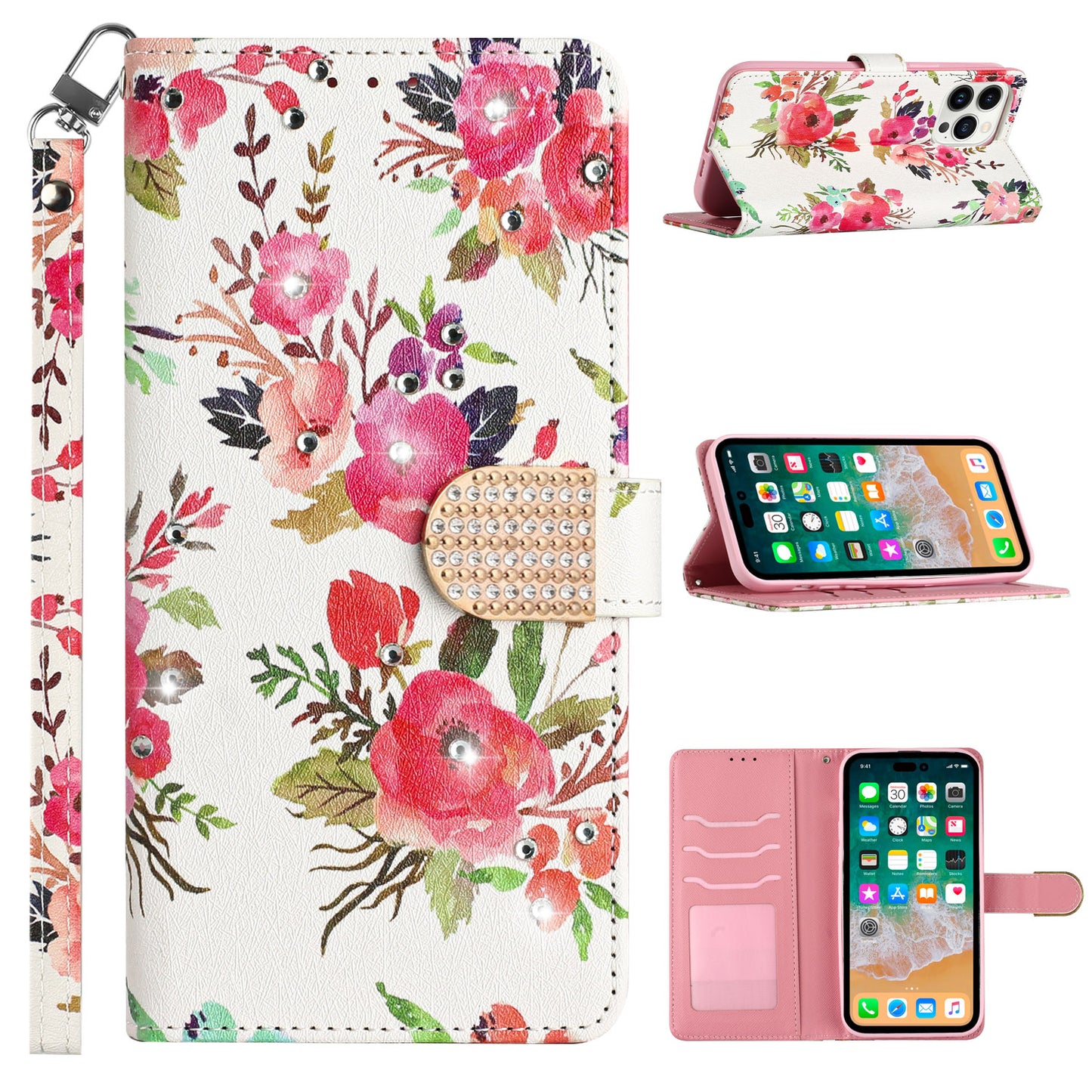 For Apple iPhone 14 Pro (6.1") Fashion Diamond Bling Design Wallet Pouch Card Slots Leather With Lanyard  Phone Case Cover