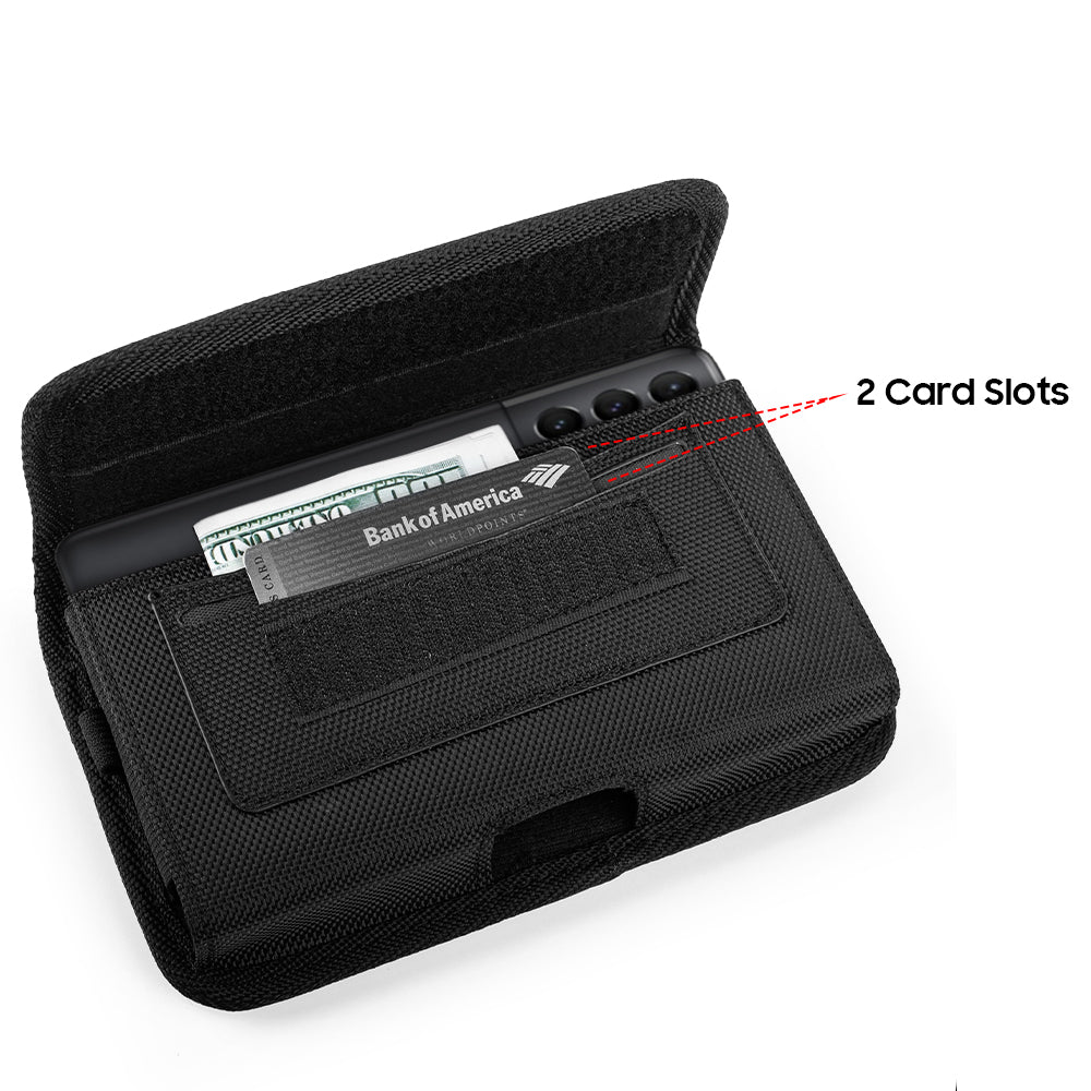 Universal Horizontal Cell Phone Case Nylon Holster Carrying Pouch with Belt Clip and 2 Card Slots fit Large Devices 7" For Samsung Galaxy S22 Ultra [Black]