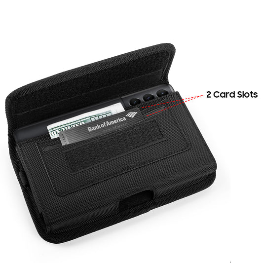 Universal Horizontal Cell Phone Case Nylon Holster Carrying Pouch with Belt Clip and 2 Card Slots fit Large Devices 7" For Samsung Galaxy S22 Ultra [Black]