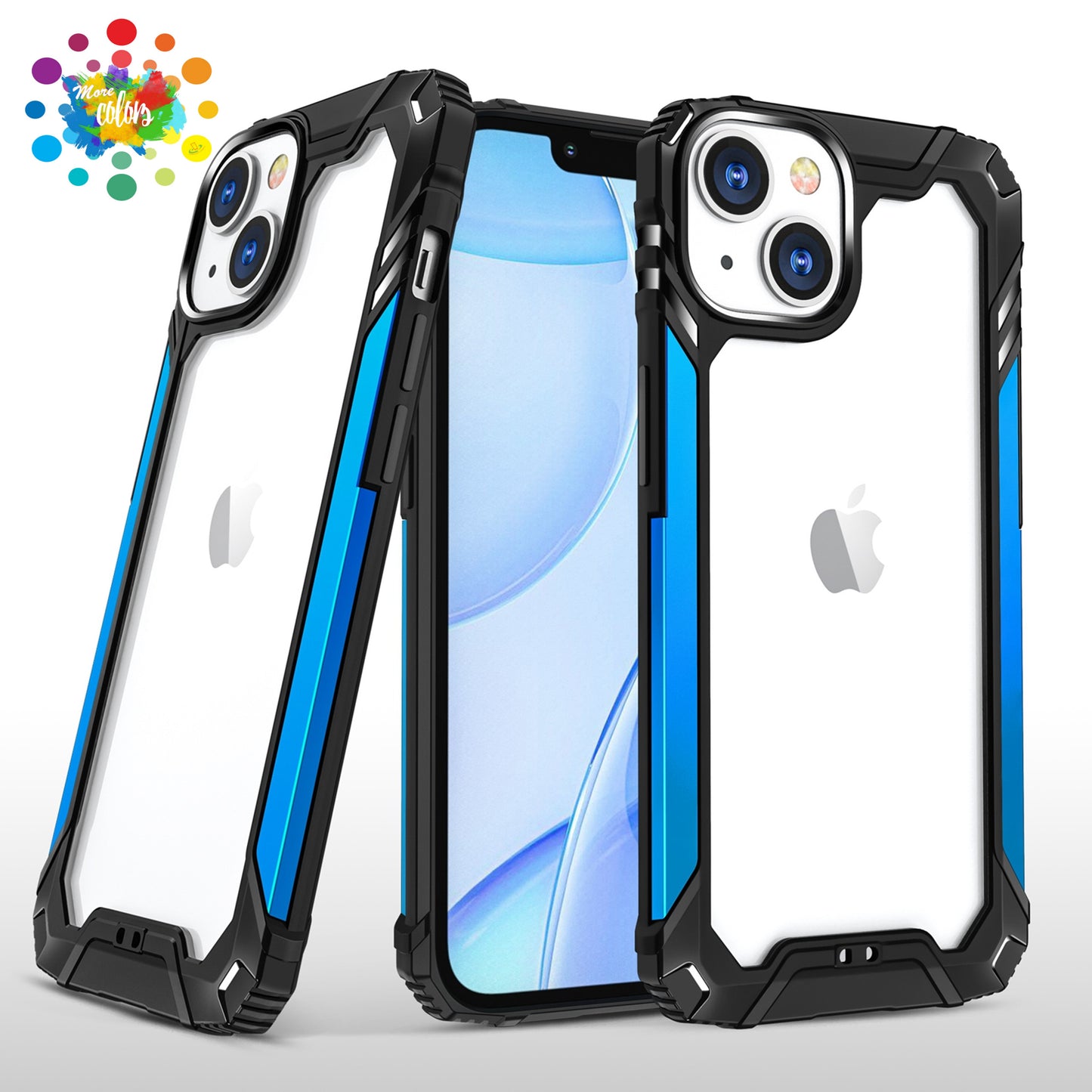 For Apple iPhone 14 (6.1") Metal Frame Transparent Hybrid Rubber TPU + Hard PC Color Bumper Frame Shockproof  Phone Case Cover