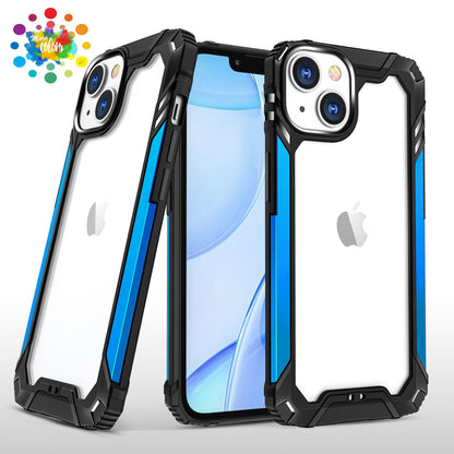 For Apple iPhone 14 (6.1") Metal Frame Transparent Hybrid Rubber TPU + Hard PC Color Bumper Frame Shockproof  Phone Case Cover