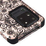 For Samsung Galaxy S20 Ultra (6.9") Stylish Hybrid Three Layer Hard PC Shockproof Heavy Duty TPU Rubber Anti-Drop Rose Gold Leaf Clover Flower Phone Case Cover