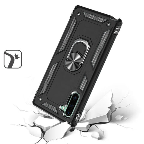 For Samsung Galaxy Note 10 Military Grade Rugged Dual Layers 2in1 Hard PC + TPU Shockproof Hybrid with Ring Kickstand Black Phone Case Cover