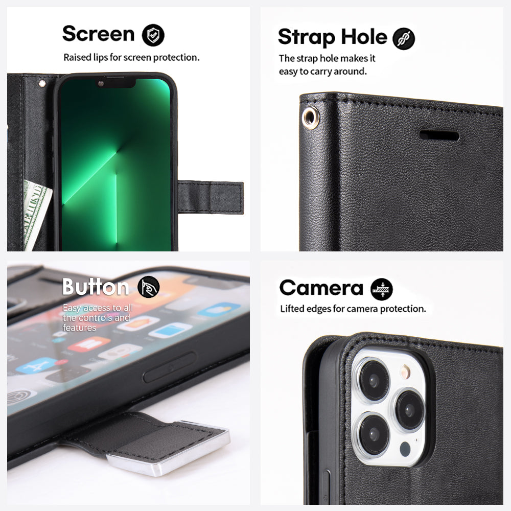 For Apple iPhone 14 /Plus Pro Max Leather Wallet Case with 6 Credit Card, Cash Slot Lanyard Dual Flip Pouch Pocket Stand  Phone Case Cover
