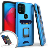 For Motorola Edge+ 2022 /Edge Plus Wallet Credit Card Slot with Ring Kickstand Heavy Duty Shockproof Hybrid Magnetic Stand Blue Phone Case Cover