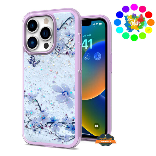 For Apple iPhone 13 Pro Max (6.7") Sakura Spring Flowers Design Colorful Frame Hybrid Rubber TPU Hard PC Shockproof Slim  Phone Case Cover