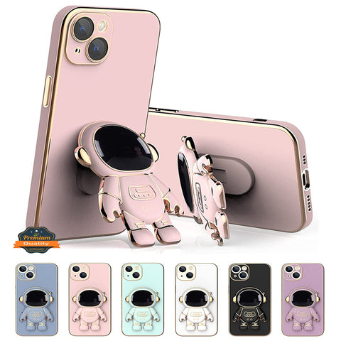 For Apple iPhone 13 /6.1" Astronaut Hidden Stand Holder Plating Hybrid Electroplated Bumper Shockproof Armor Cute  Phone Case Cover