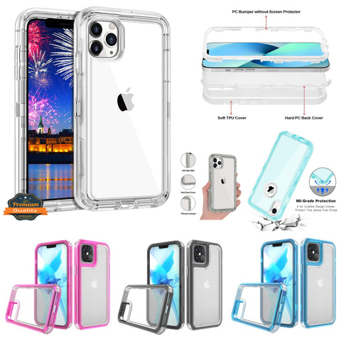 For Apple iPhone 13 Pro Max (6.7") Clear Transparent 3 Layer Heavy Duty Rugged Full Body Shockproof Hybrid Hard PC + TPU Bumper Protective  Phone Case Cover