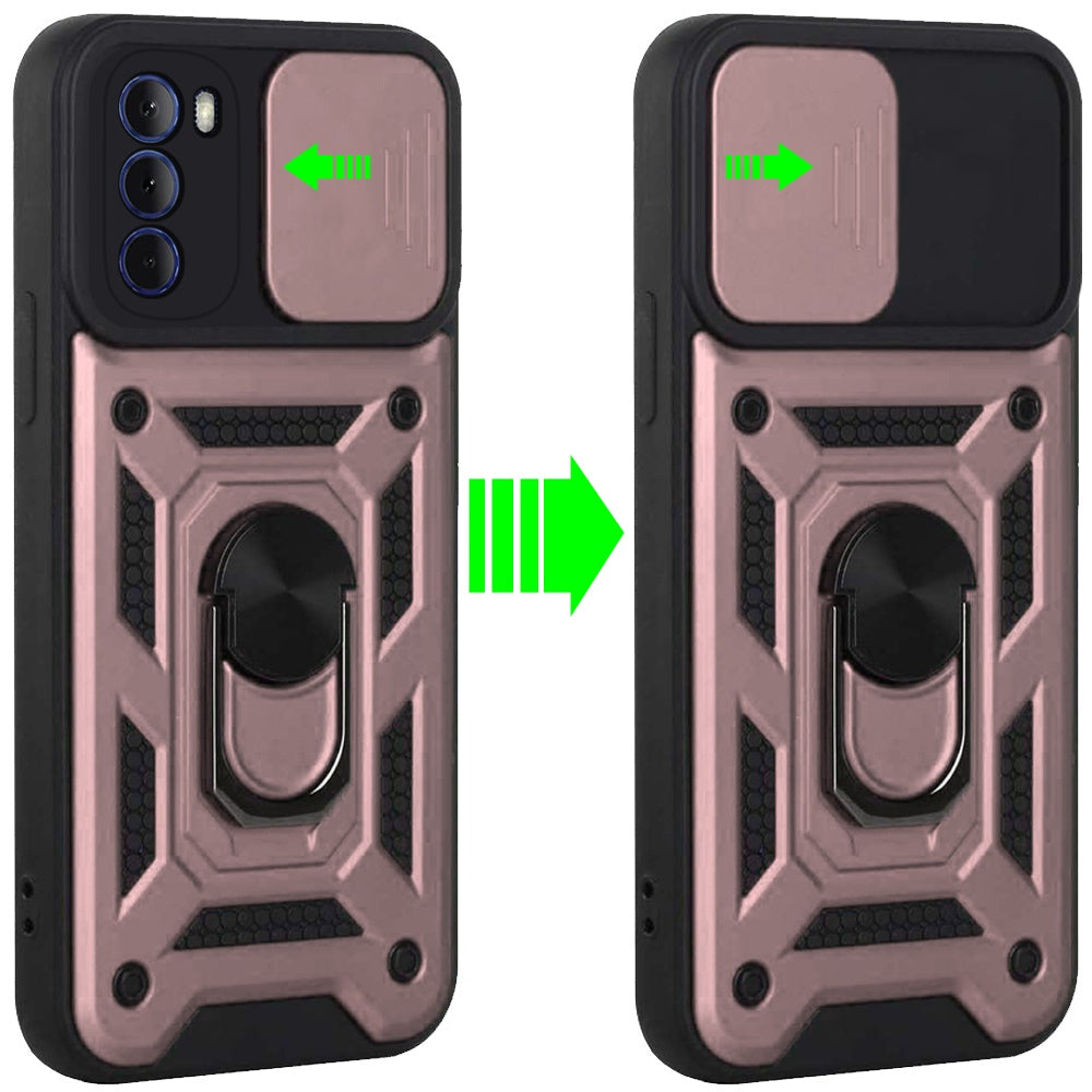For Motorola Moto G 5G 2022 Hybrid Ring Holder Kickstand with Slide Camera Lens Cover, Rugged Dual Layer Heavy Duty Rose Gold Phone Case Cover