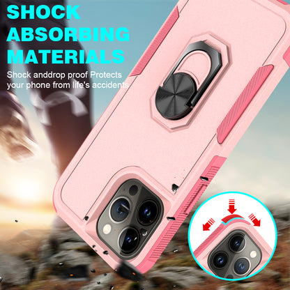 For Apple iPhone 14 Pro (6.1") Hybrid Rugged Hard Drop-Proof 3 Layer Protection Military Grade Armor Metal Ring Stand Pink Phone Case Cover