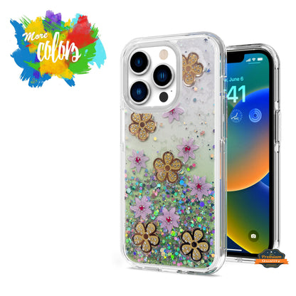 For Apple iPhone 14 /Plus Pro Max Floral Stylish Design Glitter Shiny Hybrid Rubber TPU Hard PC Shockproof Slim  Phone Case Cover