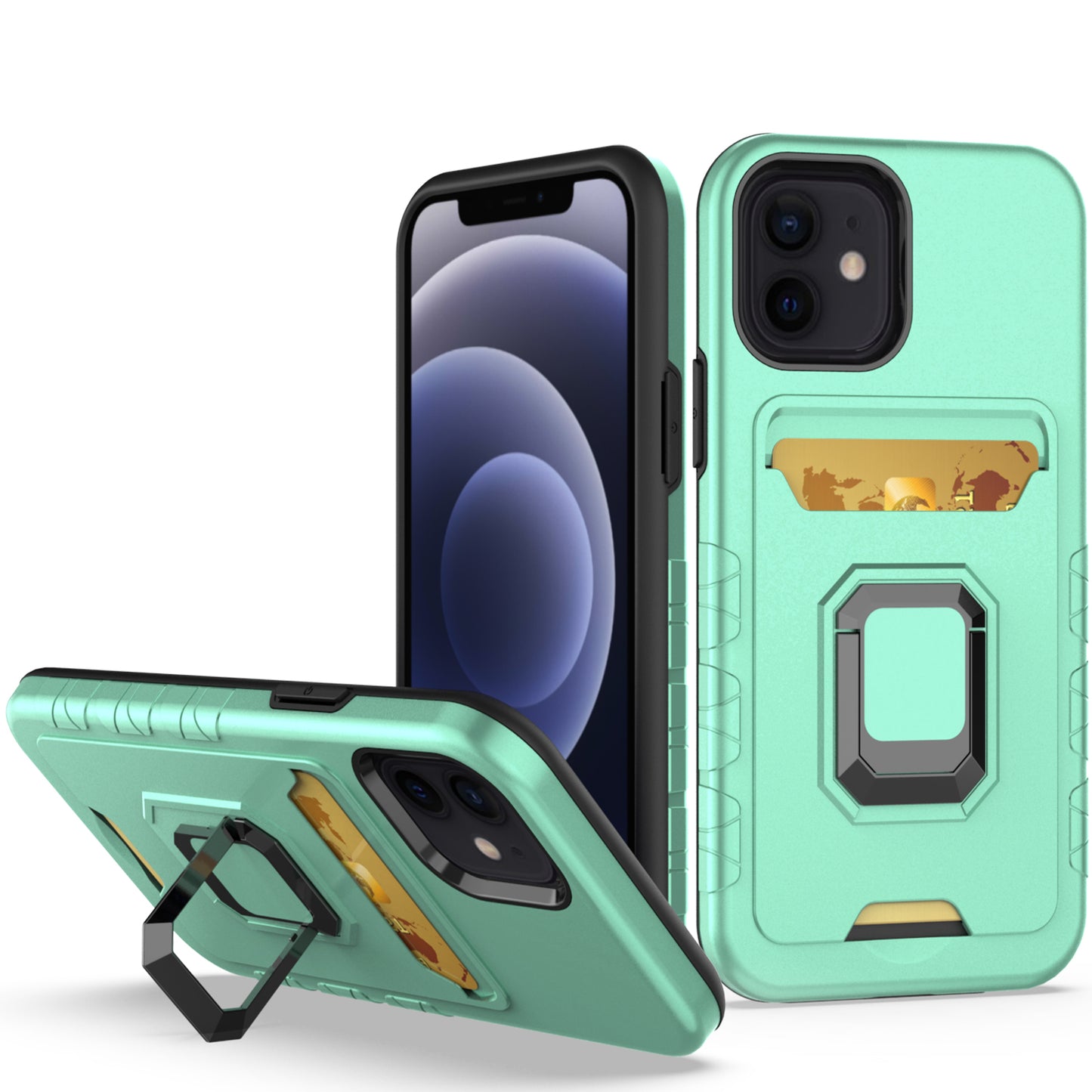 For Apple iPhone 14 (6.1") Wallet Designed with Credit Card Holder & Magnetic Stand Kickstand Ring Heavy Duty Hybrid  Phone Case Cover