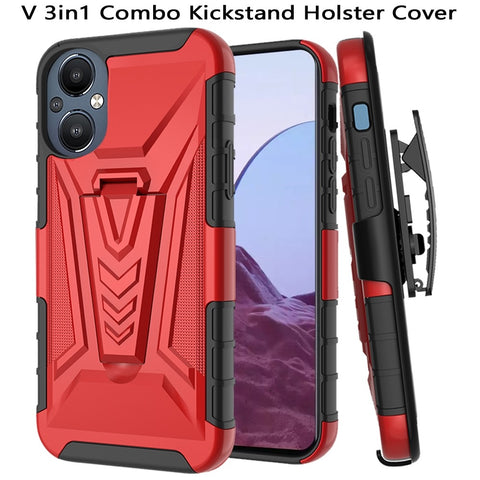 For OnePlus Nord N20 5G 3 in 1 Rugged Swivel Belt Clip Holster Heavy Duty Hybrid Armor Rubber TPU with Kickstand Stand Red Phone Case Cover