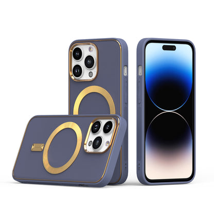 For Apple iPhone 14 Pro Max (6.7") Ultimate PU Leather Hybrid with MagSafe Compatible Bumper Gold Frame Protection  Phone Case Cover