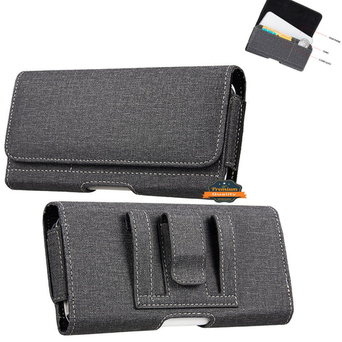 For Nokia C200 Universal Horizontal Cell Phone Fabric Pouch Holster Carry Case with Credit Card Slots & Belt Clip Loop (Size 6.3") [Black]