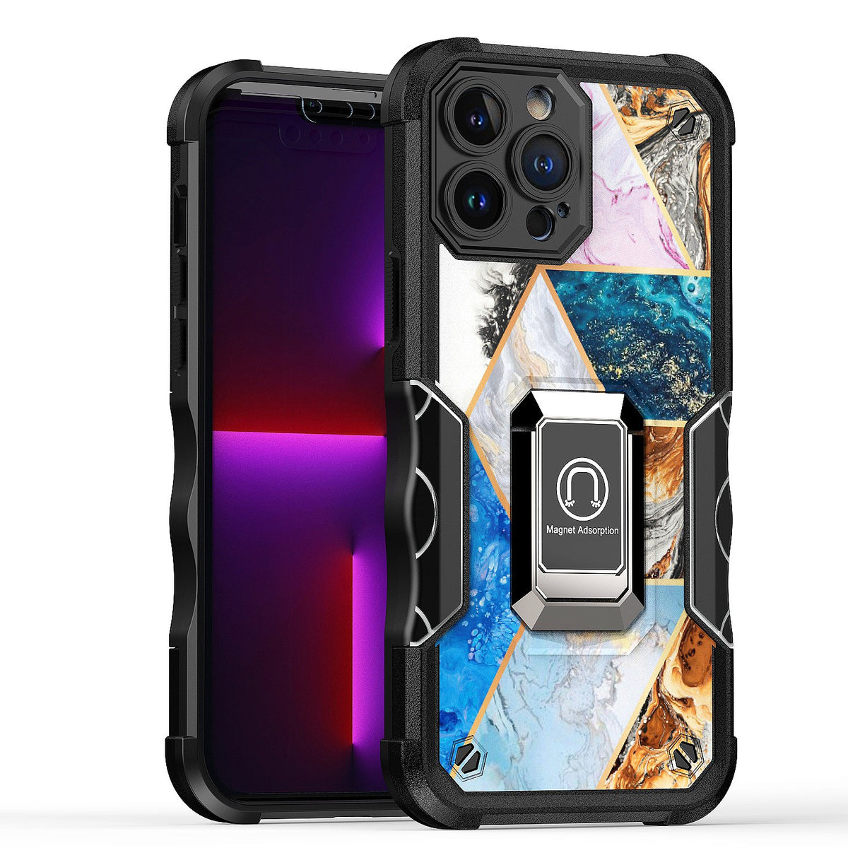 For Apple iPhone 14 Pro Max (6.7") Marble IMD Stone Design Hybrid Magnetic Ring Stand Kickstand Heavy Duty Rugged  Phone Case Cover