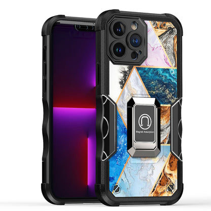 For Apple iPhone 14 Pro Max (6.7") Marble IMD Stone Design Hybrid Magnetic Ring Stand Kickstand Heavy Duty Rugged  Phone Case Cover