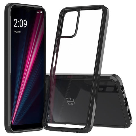 For T-Mobile Revvl 6 5G Hybrid Crystal Clear Transparent Shock-Absorption Bumper with TPU + Hard PC Back Frame Black Phone Case Cover
