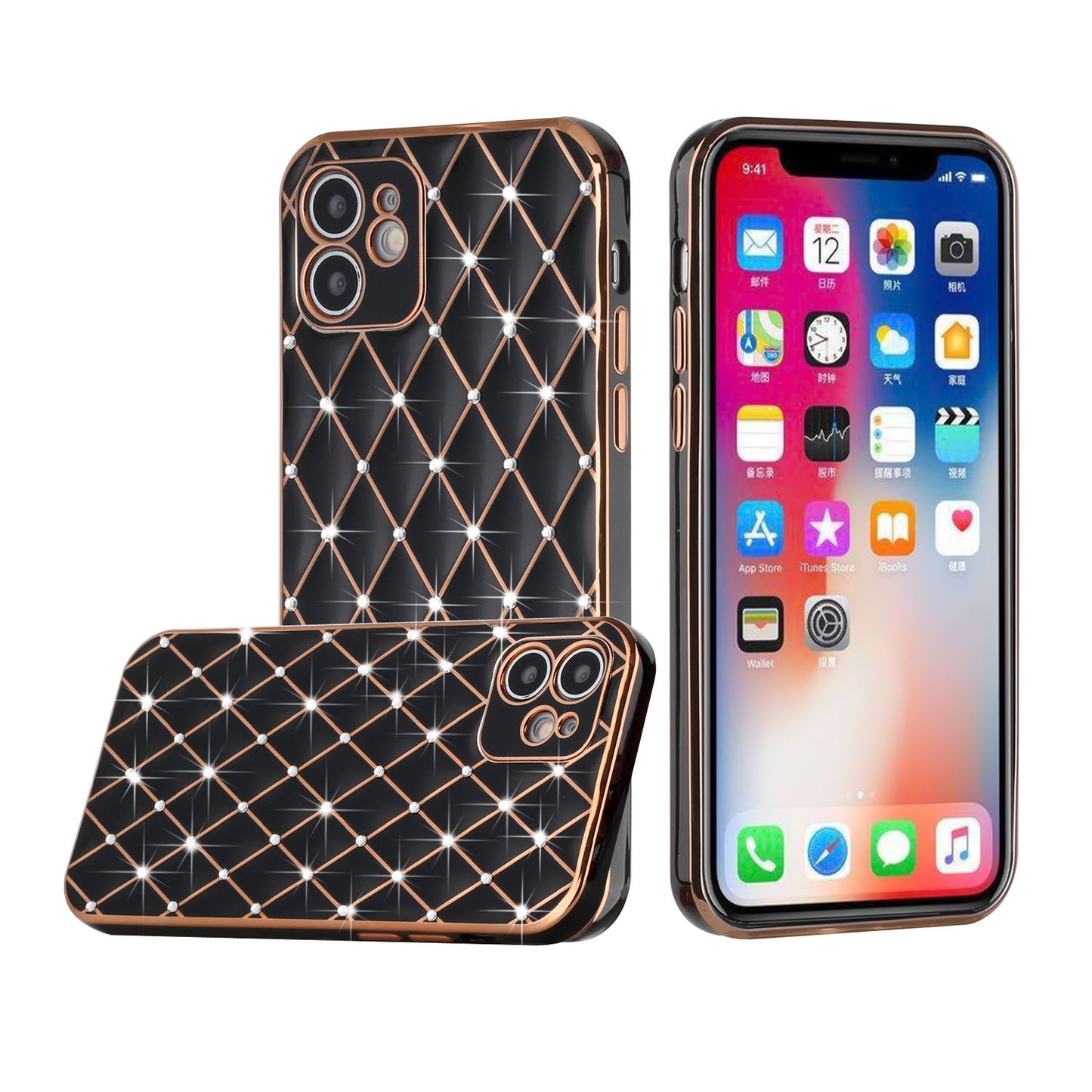 For Apple iPhone 14 Pro (6.1") Luxury Diamonds on Electroplated Grid Design Rhinestone Protective TPU Hard PC  Phone Case Cover