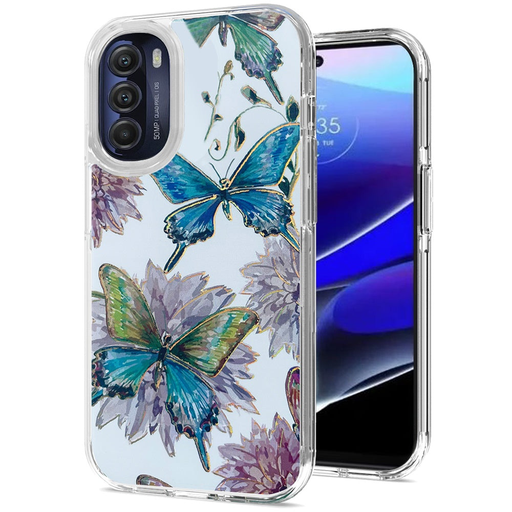 For Motorola Moto G Stylus 5G 2022 Stylish Gold Layer Printing Design Hybrid Rubber TPU Hard PC Shockproof Slim Butterfly Floral Phone Case Cover
