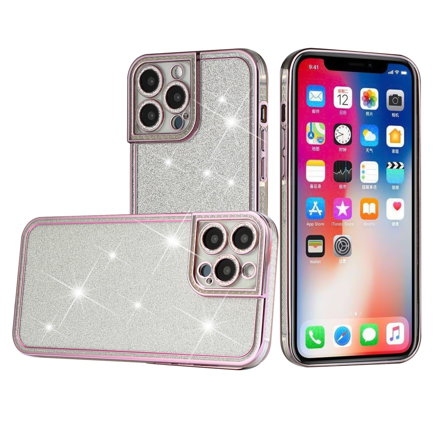For Apple iPhone 13 Pro Max Luxury Chromed Edge Glitter Star Bling Thick TPU Shiny Bling Protective Frame  Phone Case Cover