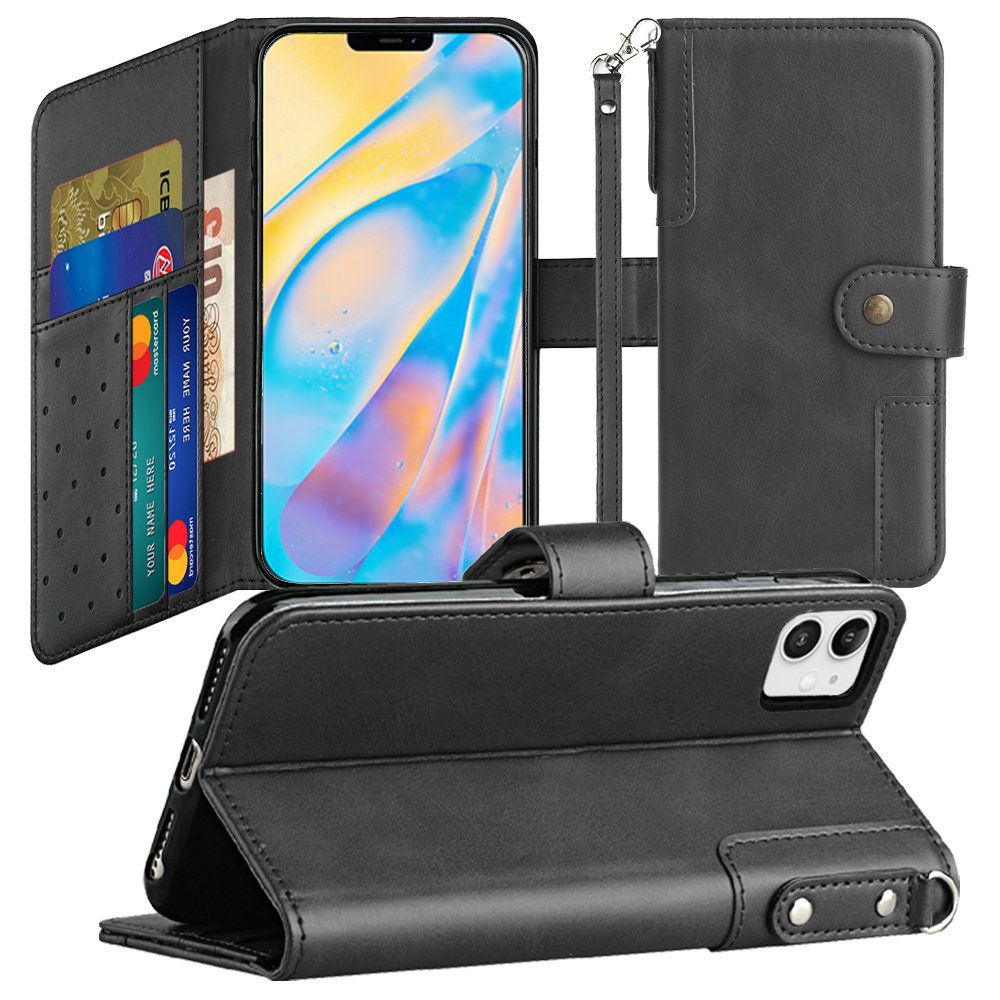 For Apple iPhone XR Wallet Case with Credit Card Holder, PU Leather Flip Pouch Kickstand & Strap Shockproof Protective  Phone Case Cover