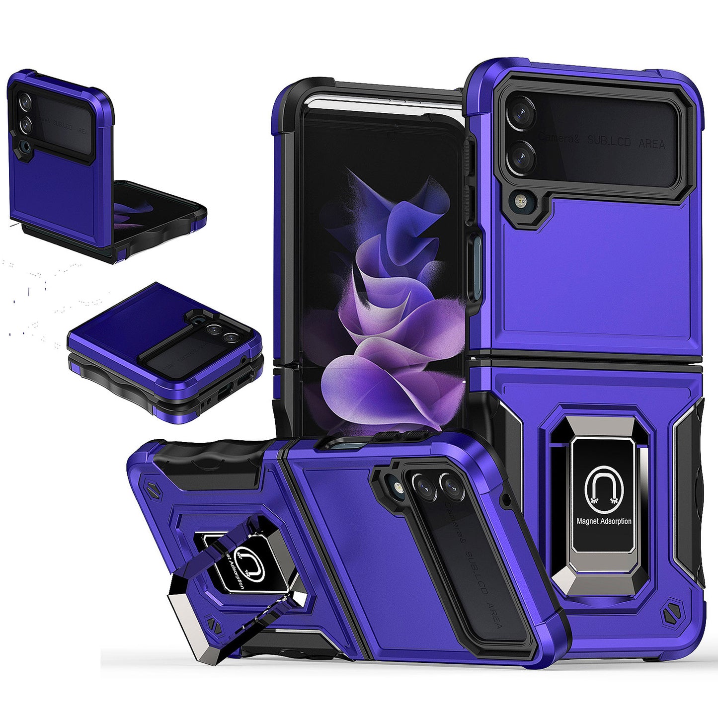 For Samsung Galaxy Z Flip 4 5G Hybrid Cases with Magnetic Ring Holder Kickstand Heavy Duty Rugged Silicone Shockproof  Phone Case Cover