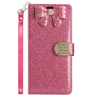 For Samsung Galaxy S22 Ultra Wallet Bow Glitter Bling Ornament Shimmer with Credit Card Slot Pocket & Lanyard  Phone Case Cover