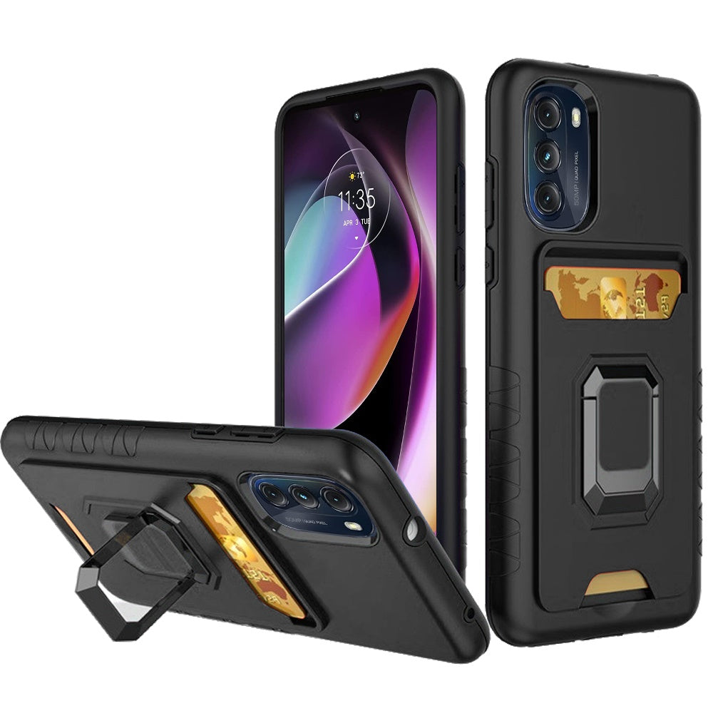 For Motorola Moto G 5G 2022 Wallet Case with Credit Card Slot Holder & Magnetic Stand Kickstand Ring Heavy Duty Hybrid  Phone Case Cover