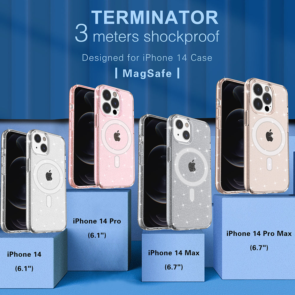 For Apple iPhone 14 /Plus Pro Max Transparent Glitter Bling Sparkly Hybrid Hard PC TPU Grip Shockproof Compatible with MagSafe  Phone Case Cover