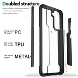 For Samsung Galaxy S22+ Plus Hybrid Aluminum Alloy Metal Clear Transparent Back PC TPU Bumper Frame Armor Shockproof Black Phone Case Cover