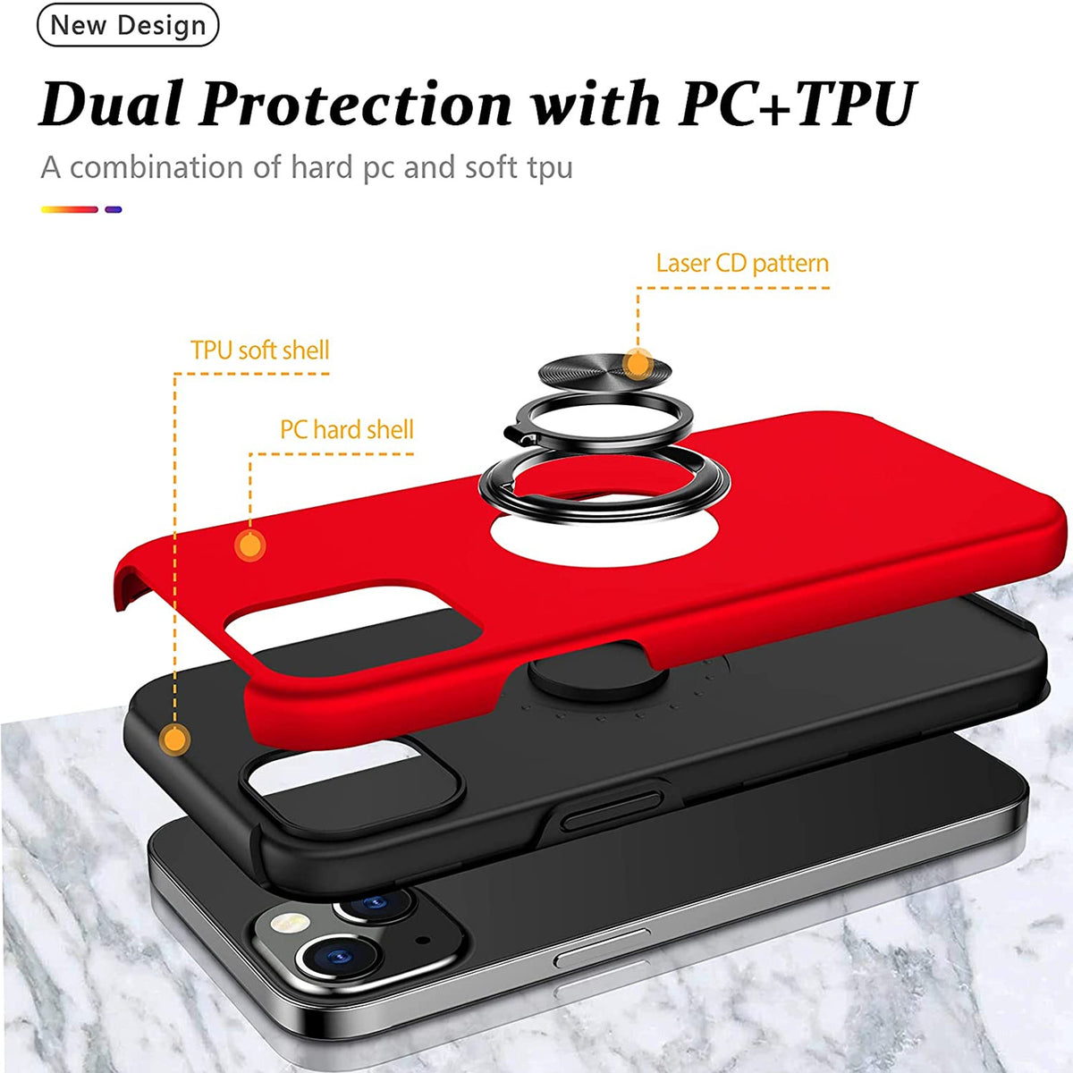 For Apple iPhone 14 /Plus Pro Max Hybrid Military Grade with Flat Metal Ring Stand 360° Rotation Kickstand Hard PC Back  Phone Case Cover