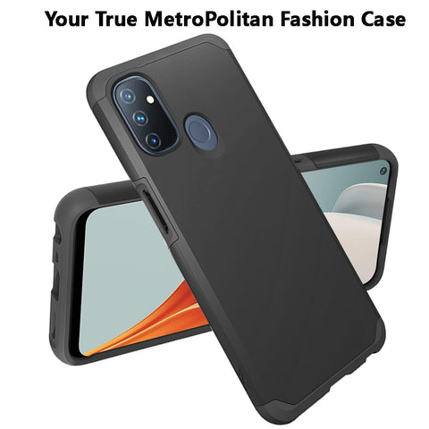 For OnePlus Nord N100 Ultra Slim Fit Corner Protection Shock Absorption Hybrid Dual Layer Hard PC + TPU Rubber Silicone Armor Defender Black Phone Case Cover