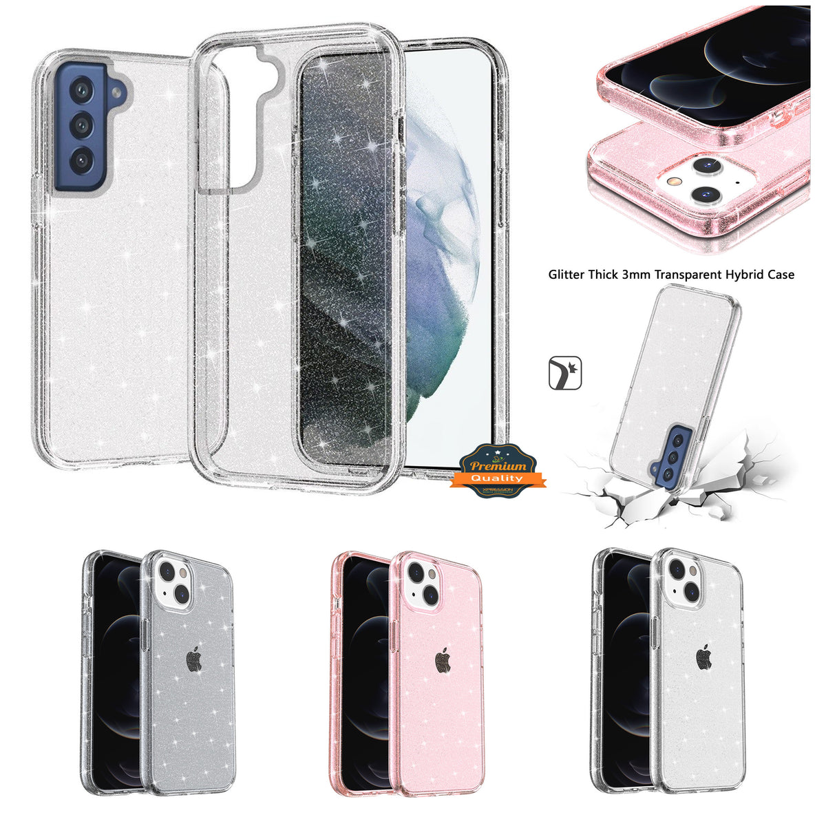 For Apple iPhone 13 Pro Max (6.7") Transparent Glitter Shiny Sparkle Bling TPU Rubber Hard Back Hybrid Armor Frame  Phone Case Cover