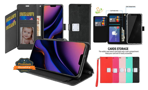 For AT&T Fusion Z, Motivate Wallet Case PU Leather Credit Card ID Cash Holder Slot Dual Flip Pouch with Stand and Strap  Phone Case Cover