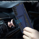 For Samsung Galaxy S22 Hybrid Armor Rugged with Kickstand, Supports Magnetic Car Mount Dual Layer Hard PC Protective Blue Phone Case Cover