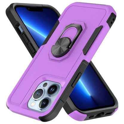 For Apple iPhone 14 (6.1") Hybrid Rugged Hard Drop-Proof 3 Layer Protection Military Grade Armor with Metal Ring Stand  Phone Case Cover