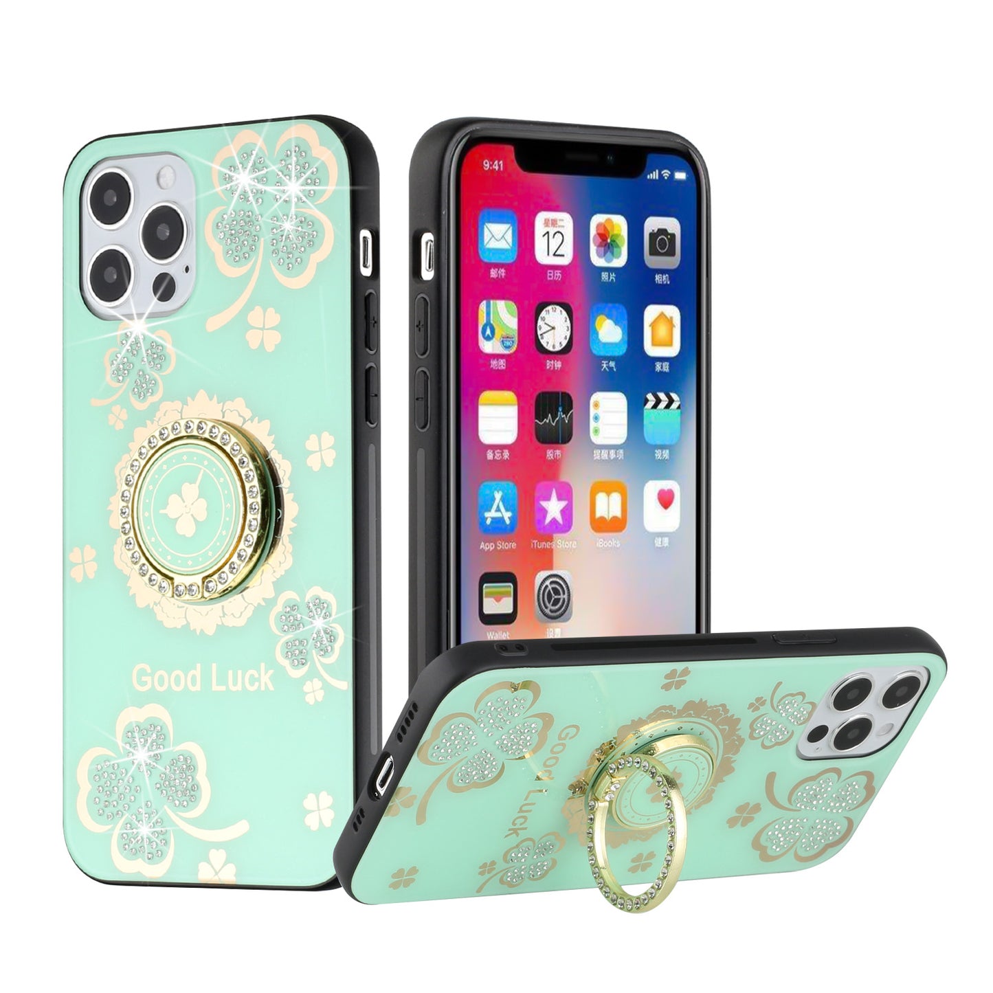 For Apple iPhone 14 Plus (6.7") Diamond 3D Bling Sparkly Glitter Ornaments Engraving Hybrid Ring Stand Fashion  Phone Case Cover