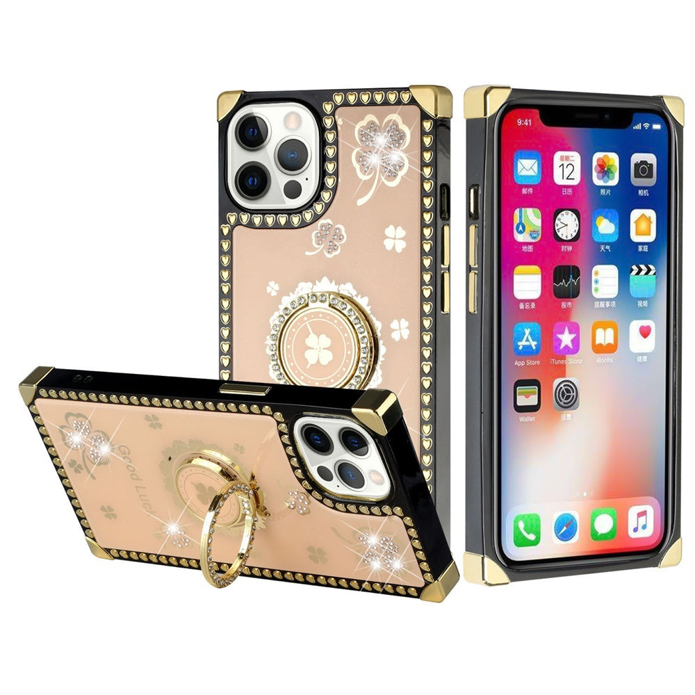 For Apple iPhone 13 Pro Max (6.7") Fashion Square Hearts Diamond Bling Sparkly Glitter Ornaments with Ring Stand  Phone Case Cover