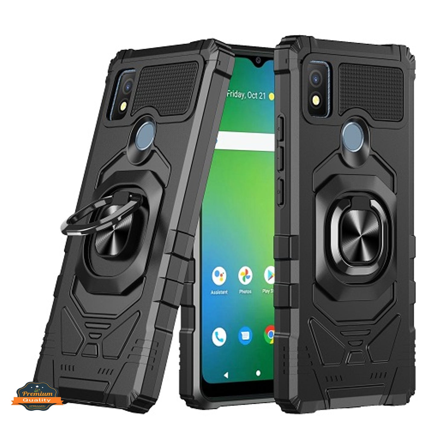 For Cricket Icon 4 Armor Hybrid Stand Ring Hard TPU Rugged Protective [Military-Grade] Magnetic Car Ring Holder Black