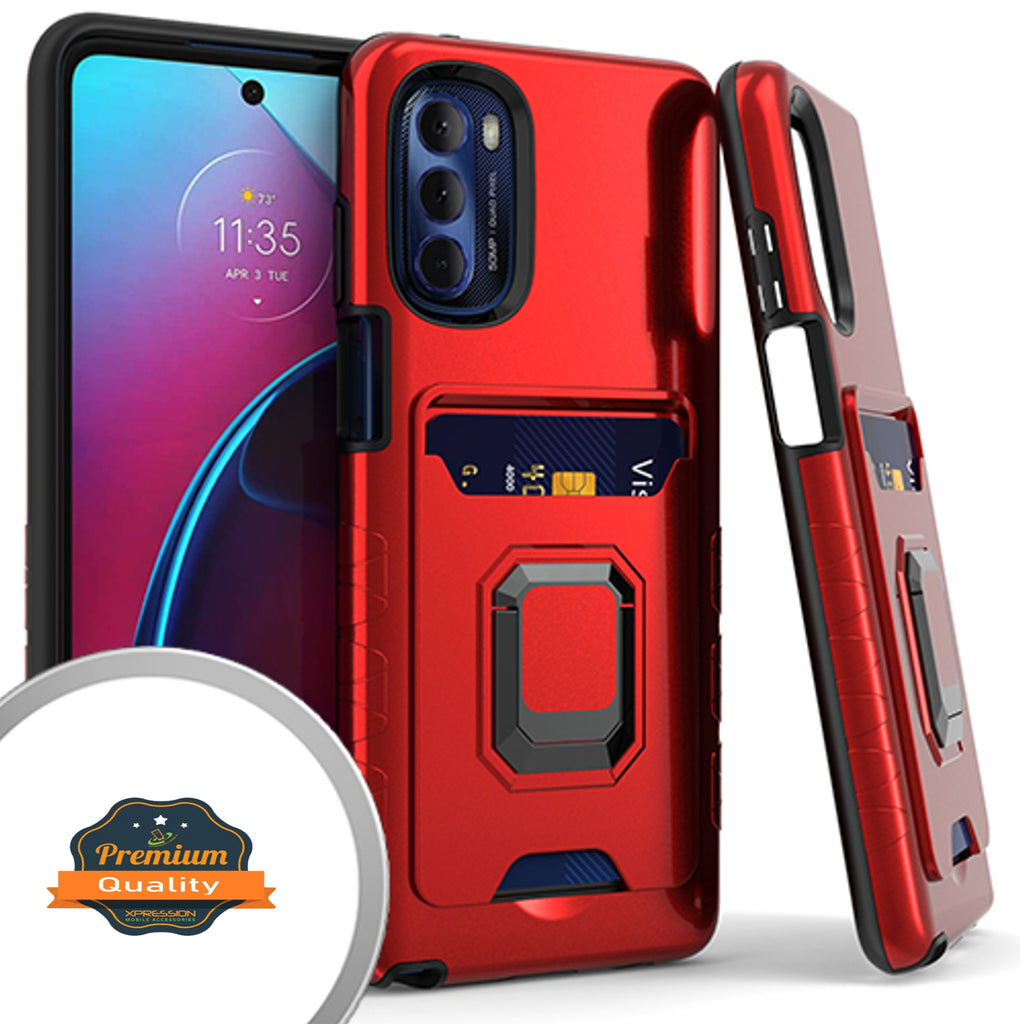 For Motorola Edge+ 2022 /Edge Plus Wallet Credit Card Slot with Ring Kickstand Heavy Duty Shockproof Hybrid Magnetic Stand Red Phone Case Cover