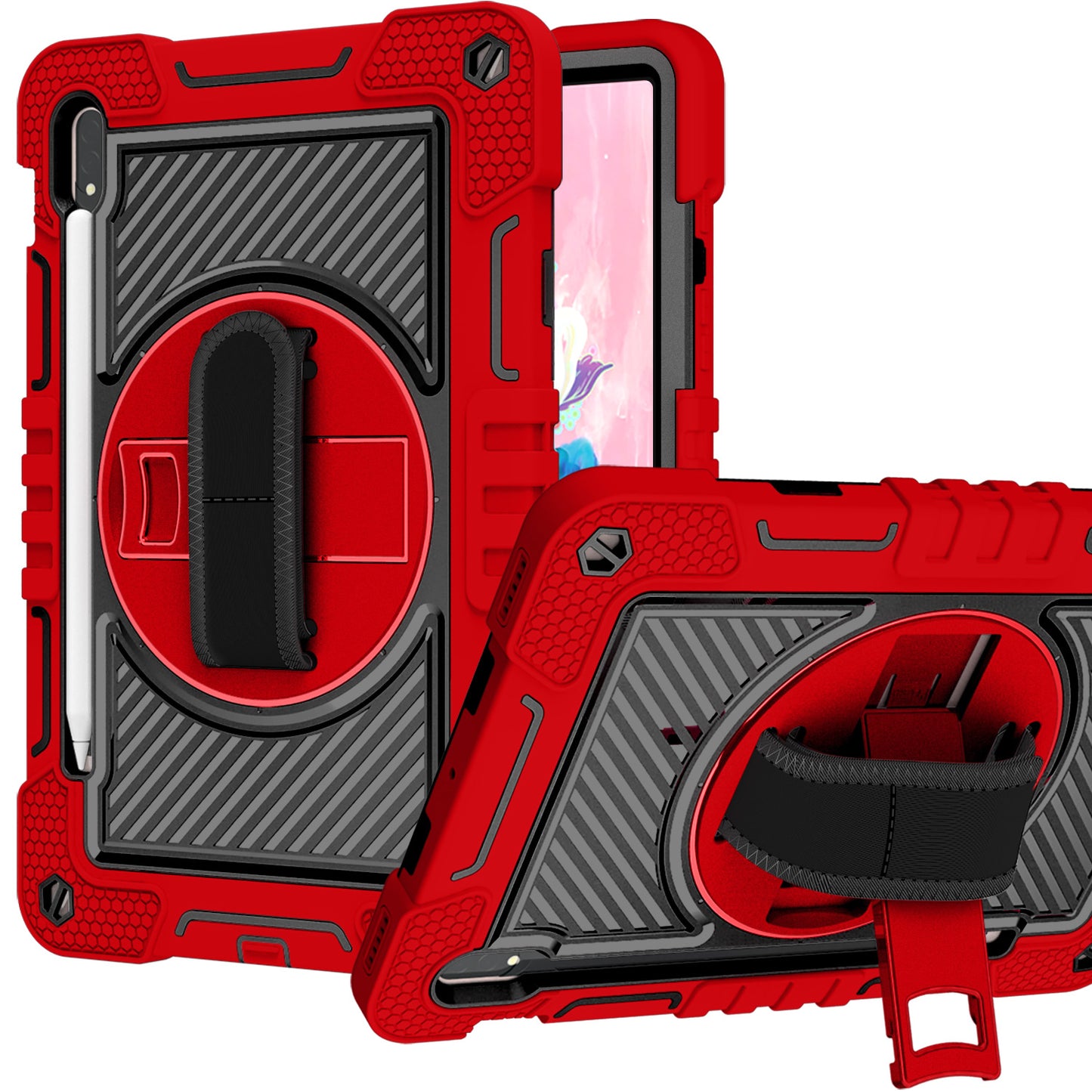For Apple iPad 10th Gen 2022 Hybrid 3in1 Multi-Functional Tablet Case with Hand, Shoulder Strap, Pencil & Stand Holder Red Black Phone Case Cover