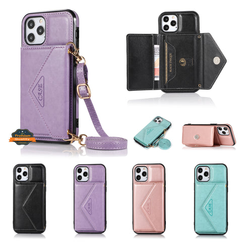 For Apple iPhone 14 Plus Pro Max Leather Credit Card Slot Strap Stand Case  Cover