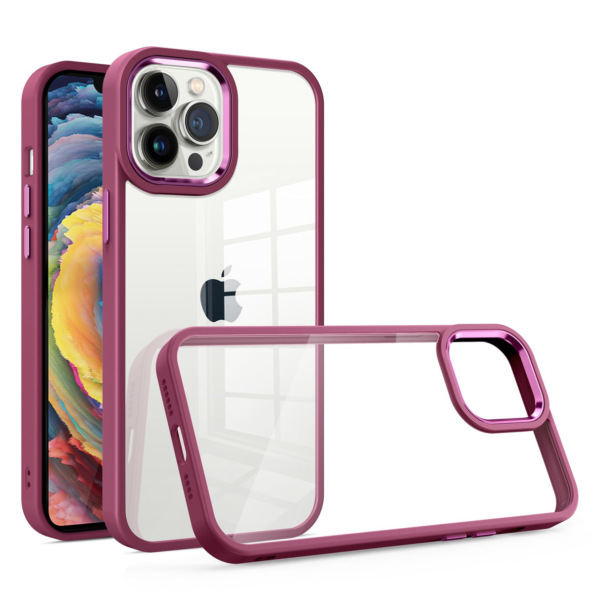 For Apple iPhone 14 (6.1") Slim Fit Hybrid Transparent Thick Acrylic with Metal Buttons Frame Protective  Phone Case Cover