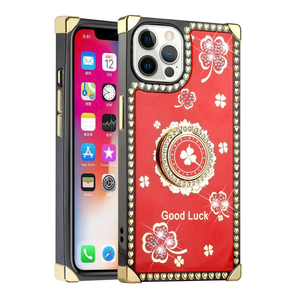 For Apple iPhone 13 (6.1") Fashion Art Square Hearts Diamond Bling Sparkly Glitter Ornaments with Ring Stand  Phone Case Cover